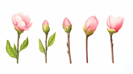 Pink Magnolia Blossoms Different Stages of Growth White Background Botanical Illustration Design