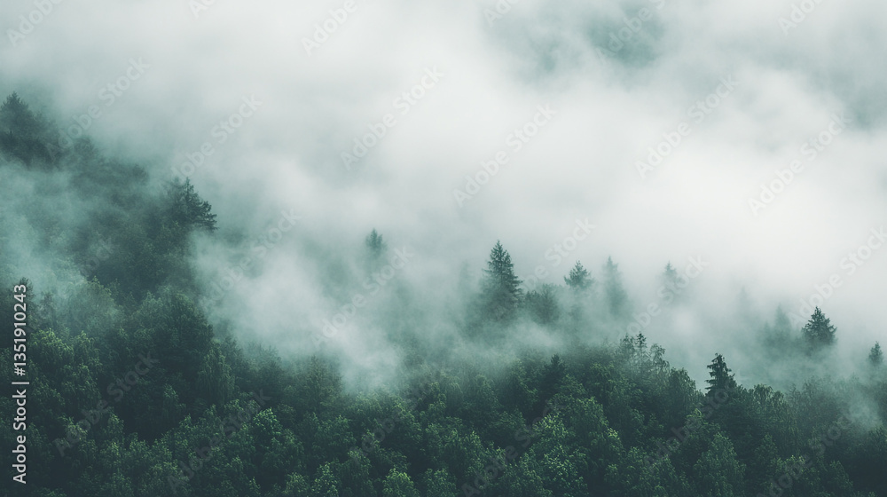 Poster A view of a dense forest covered in thick fog with trees disappearing into the mist above them
