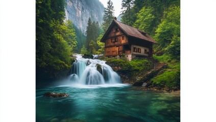 Alpine waterfall house misty mountains nature serene postcard