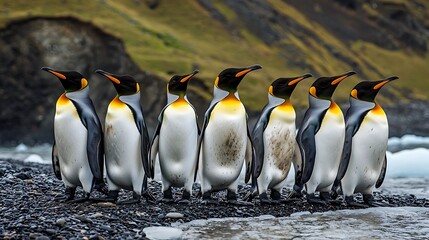 Fototapeta premium Eight king penguins standing on a dark beach.