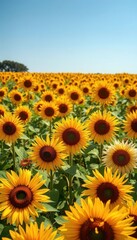 Fototapeta premium Vibrant sunflower field, blossoms in full bloom, sunny day, floral, sun