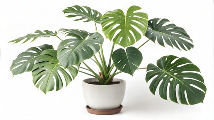 Monstera plant in a pot, isolated on a white background, showcasing its lush tropical leaves. (Flower)