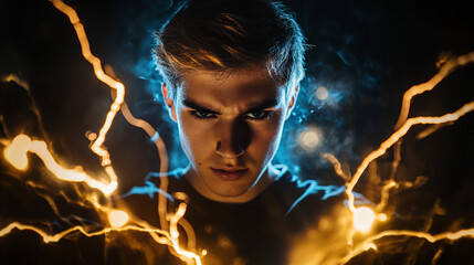Close up portrait of a young man with glowing lightning effects and intense stare in a dark setting