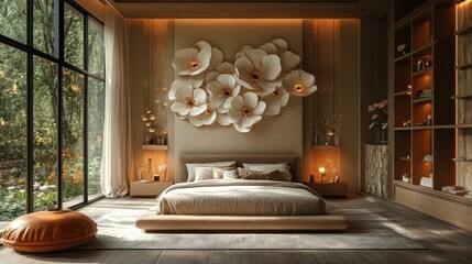 Serene Bedroom Oasis: Luxurious Modern Design with Floral Wall Art