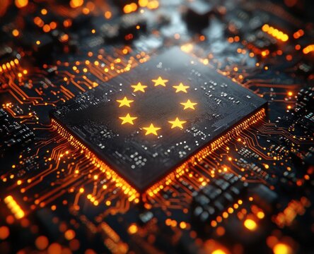 Microchip with European Union Flag Surrounded by Golden Circuits and Cinematic Lighting