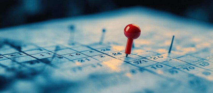 Close-up Macro Shot of Calendar with Red Pushpin Marking Business Meeting Travel Planning Project Milestone Reminder - Powered by Adobe