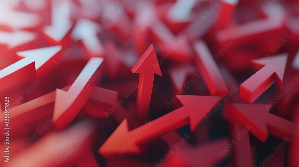 Poster Red directional arrows pointing in various directions, some up and others down or sideways in a 3d rendering