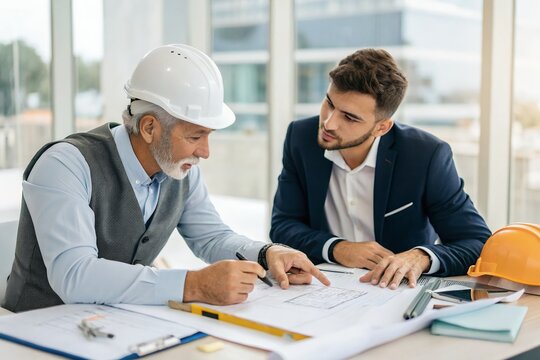 Experienced architect mentoring a young colleague, reviewing detailed blueprints for a new construction project, showcasing collaboration and knowledge transfer in a bright, modern office setting. - Powered by Adobe