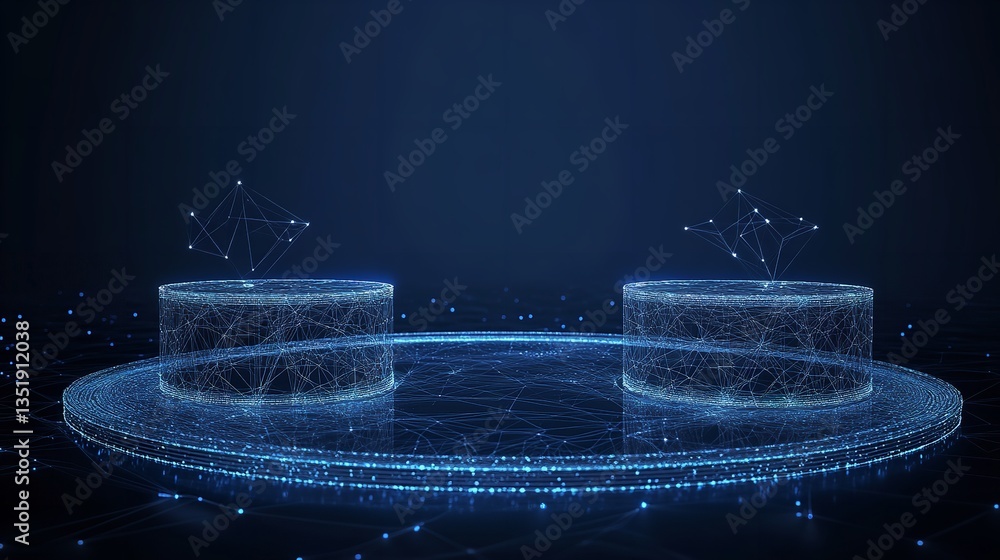 Poster two blue wireframe cylinders on a circular platform with floating geometric shapes above them