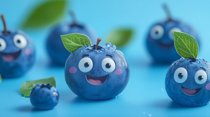 Cartoon blueberries with smiling faces and leaves on a light blue background in soft focus