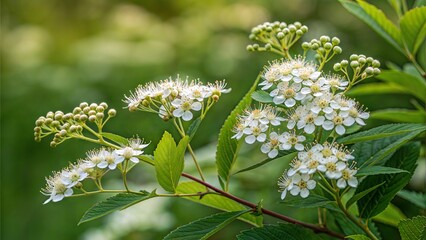 Festive white flowers of Spiraea alba, also known as meadowsweet, blooming against green leaves. (Flower)