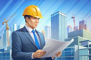 A confident architect reviewing blueprints, envisioning a modern cityscape rising against a vibrant sky, depicted in a bold, stylized illustration.