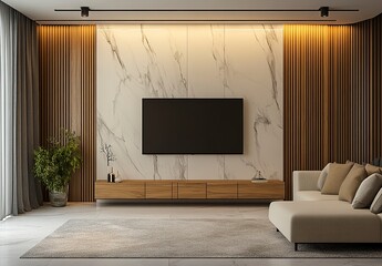 Modern interior design of a living room with a TV mounted on the wall, featuring marble and wood paneling, and warm lighting. 