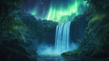 Mystical aurora borealis painting over a tropical waterfall landscape