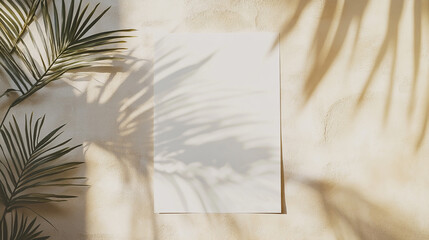 Blank paper sheet on textured wall with palm leaf shadows creating a tropical aesthetic scene 