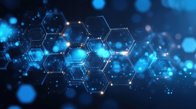 Abstract digital hexagons, futuristic network, dark background, glowing particles - Powered by Adobe