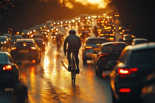 Cyclist navigating dense evening traffic under golden sunset light, wet road surface