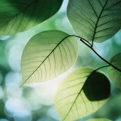 Sunlit leaves, forest bokeh, nature detail, spring