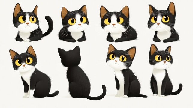 Multiple black and white cats in different poses on a plain background for animation