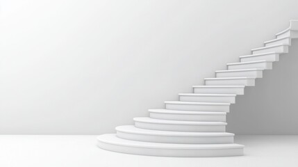 Time warp future parallel. A minimalist white spiral staircase against a plain wall, creating a clean and modern aesthetic in a spacious environment.