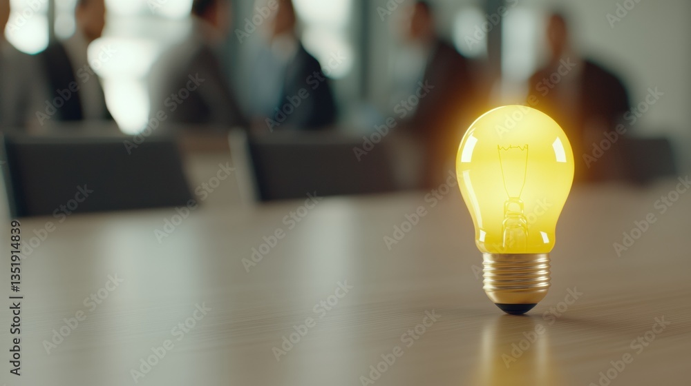 Poster light bulb on a table with blurred people in the background.