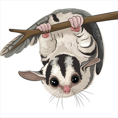 Cute Sugar Glider Hanging Upside Down from a Branch/A digitally illustrated sugar glider, showcasing a charming and playful pose as it hangs upside down from a branch. © Tanver