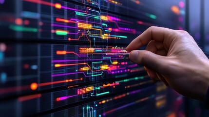 Fototapeta premium Interactive Digital Network: A Hand Interacting with a Futuristic Data Visualization on a Server Rack