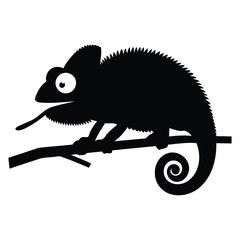 Cute Black Silhouette of a Chameleon on a Branch/A simple, stylized black silhouette of a chameleon perched on a branch against a plain white background.
