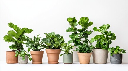 Row of potted plants on white background.