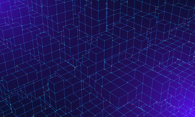 Big Data 3D Cubes Quantum Computer Server Concept Background. 3D Blockchain Cube Blocks Concept. Data Core Abstract Cubes. Artificial Intelligence HUD Design Element. Abstract structure of cubes