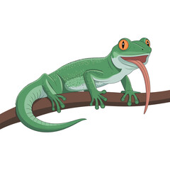 Cute cartoon gecko reaching out with its tongue on a branch./A vibrant cartoon gecko, rendered in a simple, friendly style, is depicted on a brown branch.