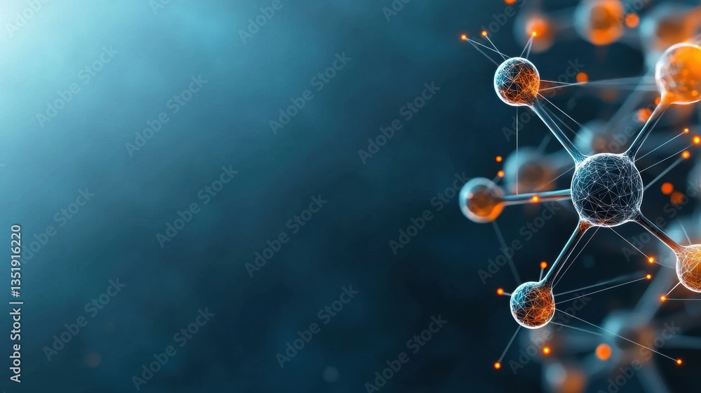 Poster abstract molecular structure with glowing particles.