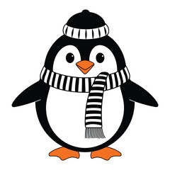 Cute Penguin in Winter Hat and Scarf/A cheerful and cartoonish black and white illustration of a penguin wearing a winter hat and scarf.