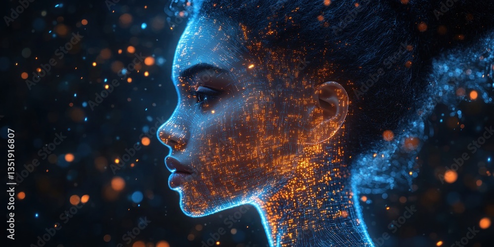 Poster digital human face with circuit lines concept of ai and human integration in cyberpunk art style