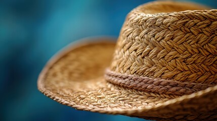 Fototapeta premium A close up view of a woven straw sun hat
