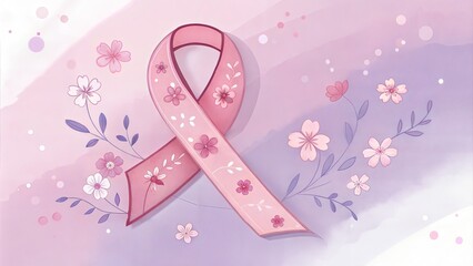 Pink ribbon with flowers on a soft-colored background, symbolizing awareness (Flower)