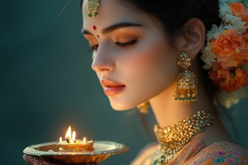 Beautiful Indian Woman in Traditional Sari Holding Diya Plate Celebrating Diwali Festival of Lights