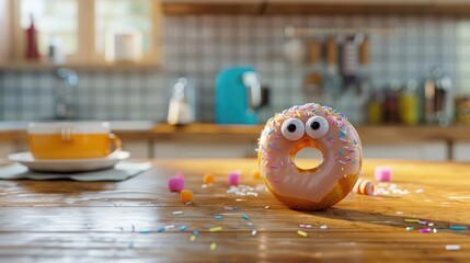 A joyful donut with a smile in icing on the kitchen table. With eyes and multicolored sprinkles.