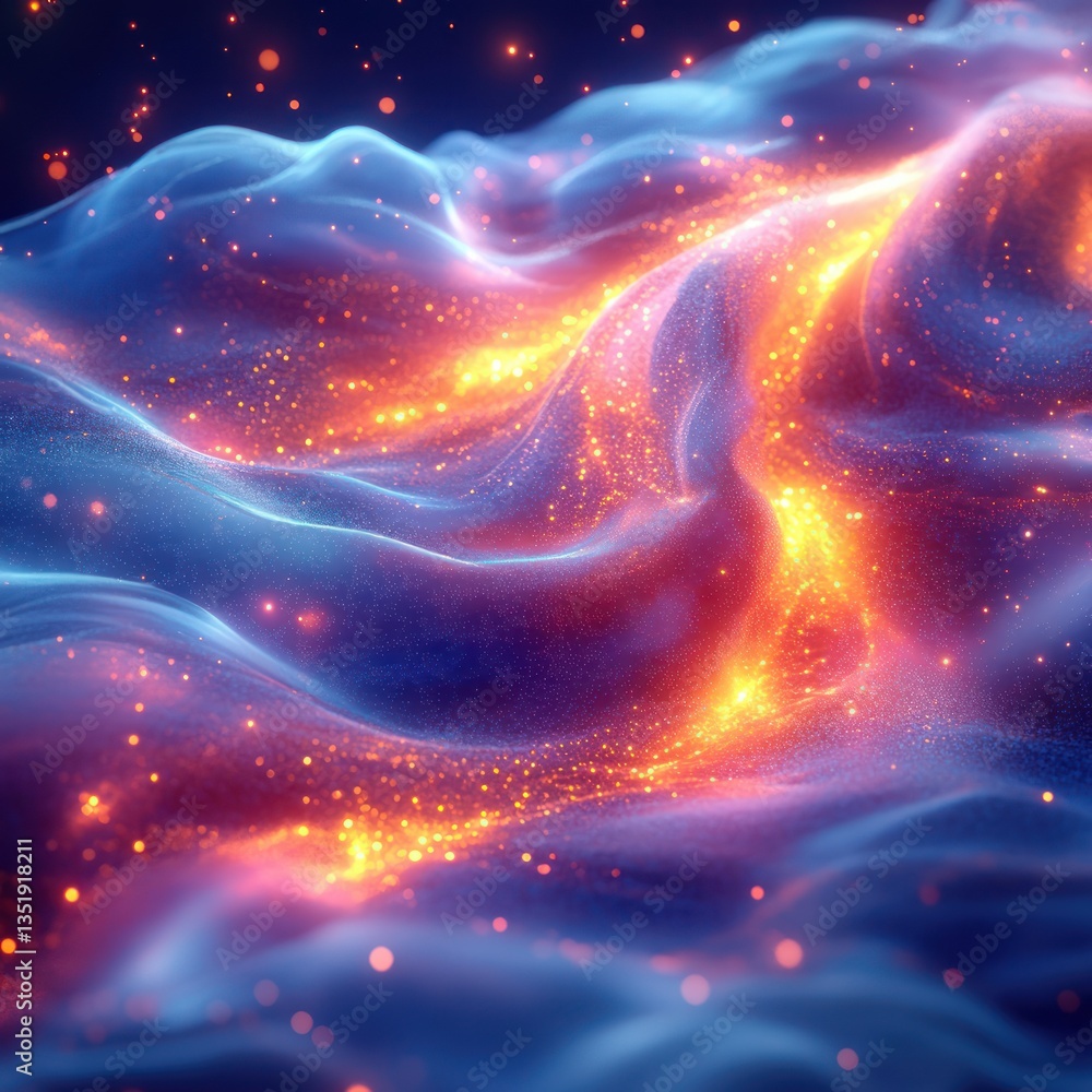 Poster glowing neon light waves fluid motion vibrant colors background sparkles bokeh effect abstract futur
