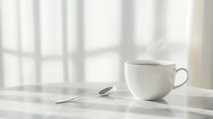 Obraz premium A steaming cup of coffee on a marble table, bathed in sunlight through sheer curtains