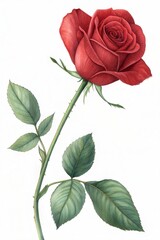 Fototapeta premium Single Red Rose with Green Stem and Leaves, Isolated on White Background 