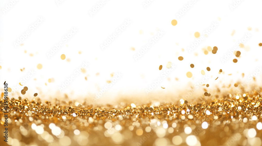 Poster close up of golden glitter scattered on a white surface with a bokeh effect and shallow depth of fie