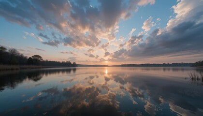 Obraz premium Sunrise reflection on calm lake nature landscape tranquil scenic