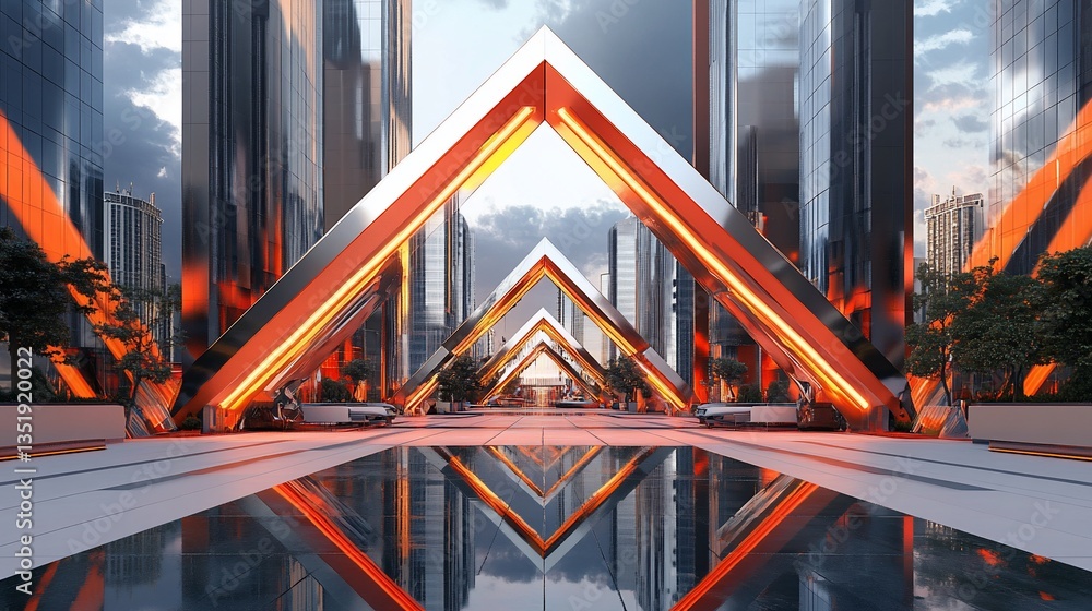 Poster futuristic cityscape with reflective triangle structures and glass buildings creating a modern persp