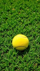 Fuzzy yellow tennis ball sits on lush green grass court, natural, surface