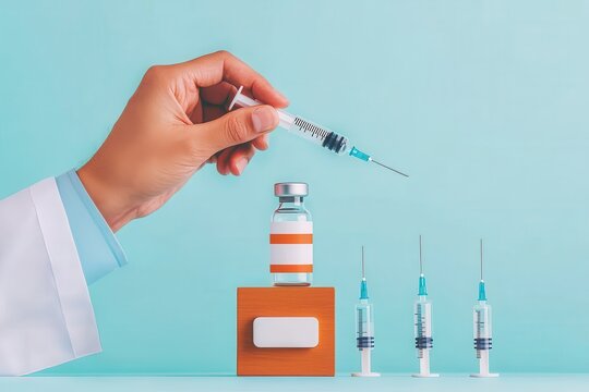 A hand holds a syringe above a vial, with additional syringes in the foreground, set against a light blue background, suggesting a medical or vaccination theme. - Powered by Adobe