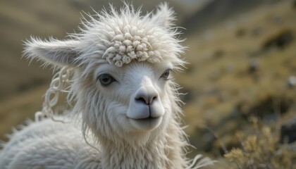 Majestic alpaca portrait mountainous region animal photography natural habitat close-up beauty