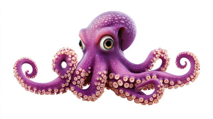Fototapeta premium A cartoon octopus with large eyes and curled tentacles isolated on a white background looking forward