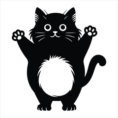 Cheerful black cat silhouette stands out against a neutral background./A simple, stylized silhouette of a happy-looking cat with raised paws.