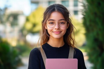 Fototapeta premium Cheerful Hispanic School Girl Smiling and Laughing Outdoors on University Campus